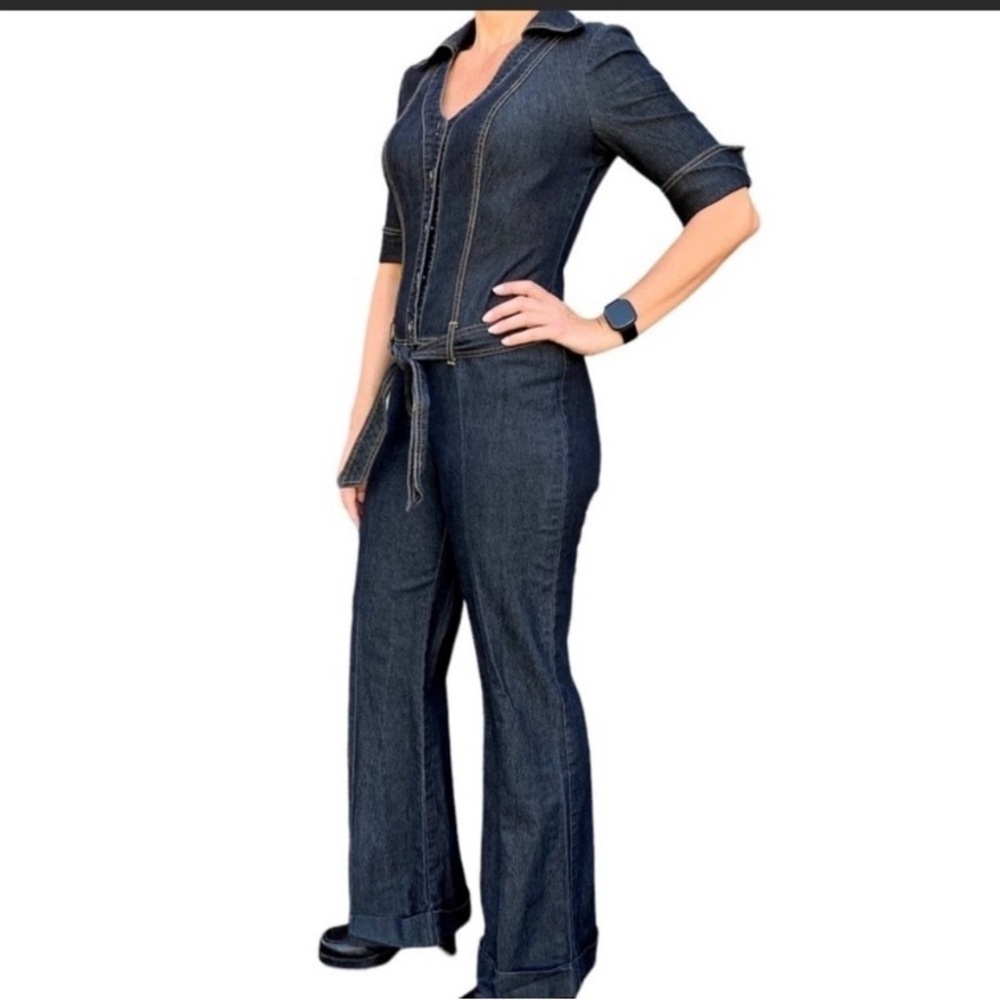 Vintage Y2K Bisou Bisou Michele Bohbot Denim Wide Leg Jumpsuit Size Large